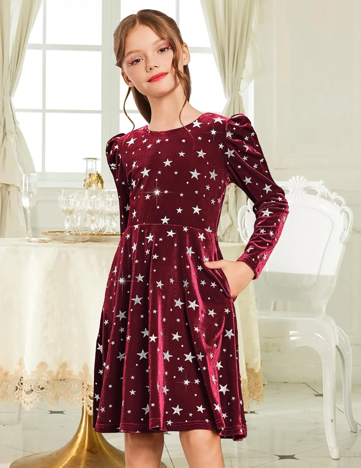 Arshiner Girls Bow Back Velvet Formal Party Dresses with Pockets
