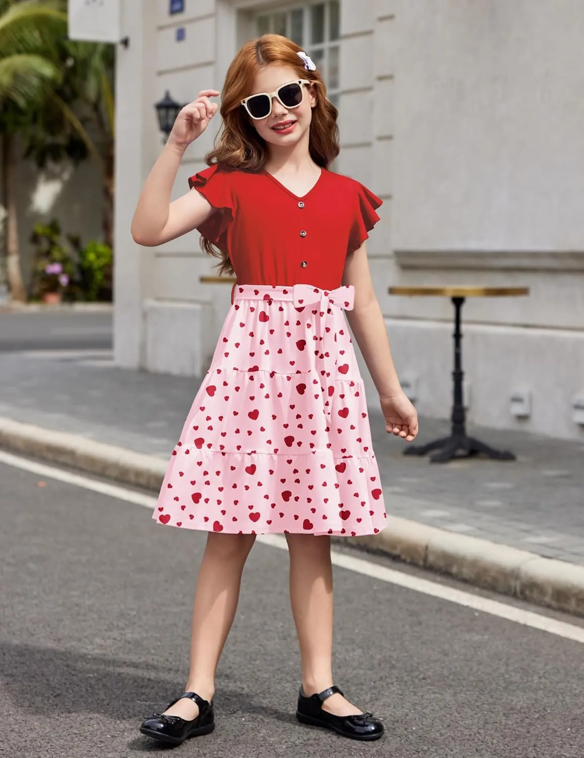 Arshiner Girls Short Sleeve V Neck Button Removable Belt Dresses