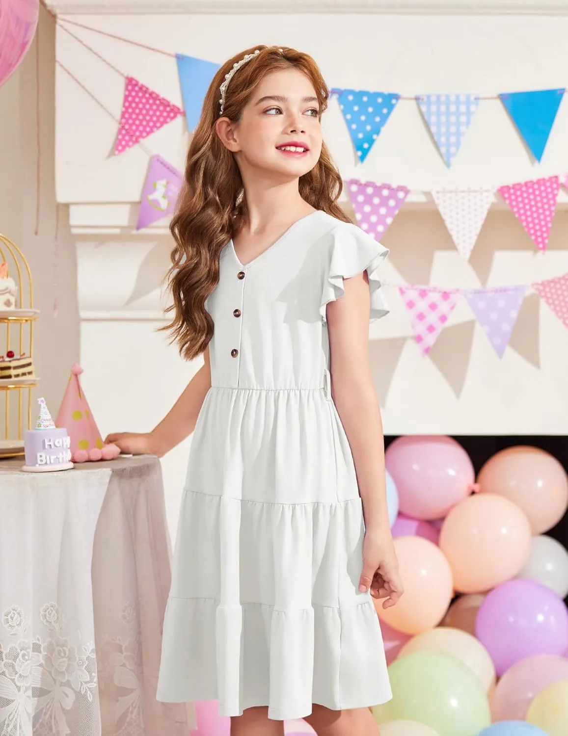 Arshiner Girls Short Sleeve V Neck Button Removable Belt Dresses