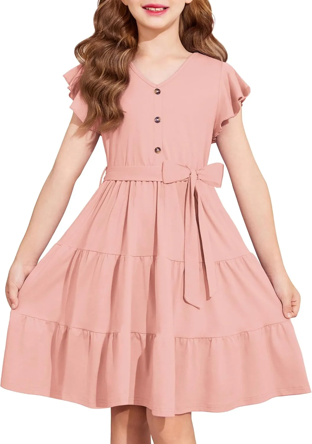 Arshiner Girls Short Sleeve V Neck Button Removable Belt Dresses