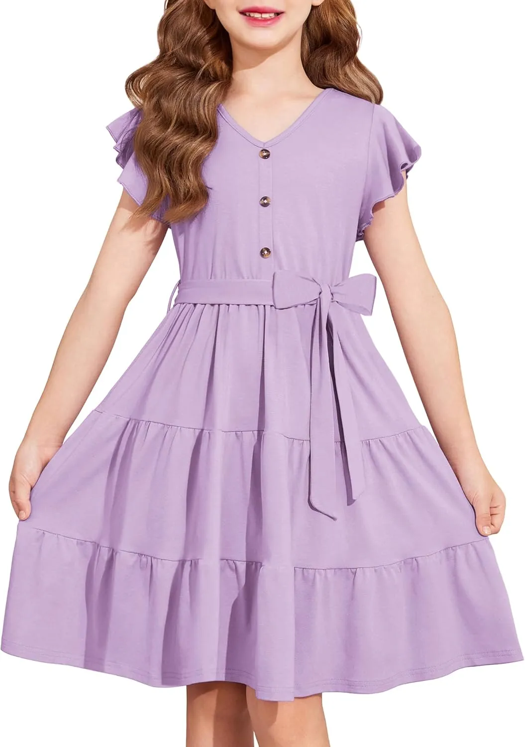 Arshiner Girls Short Sleeve V Neck Button Removable Belt Dresses