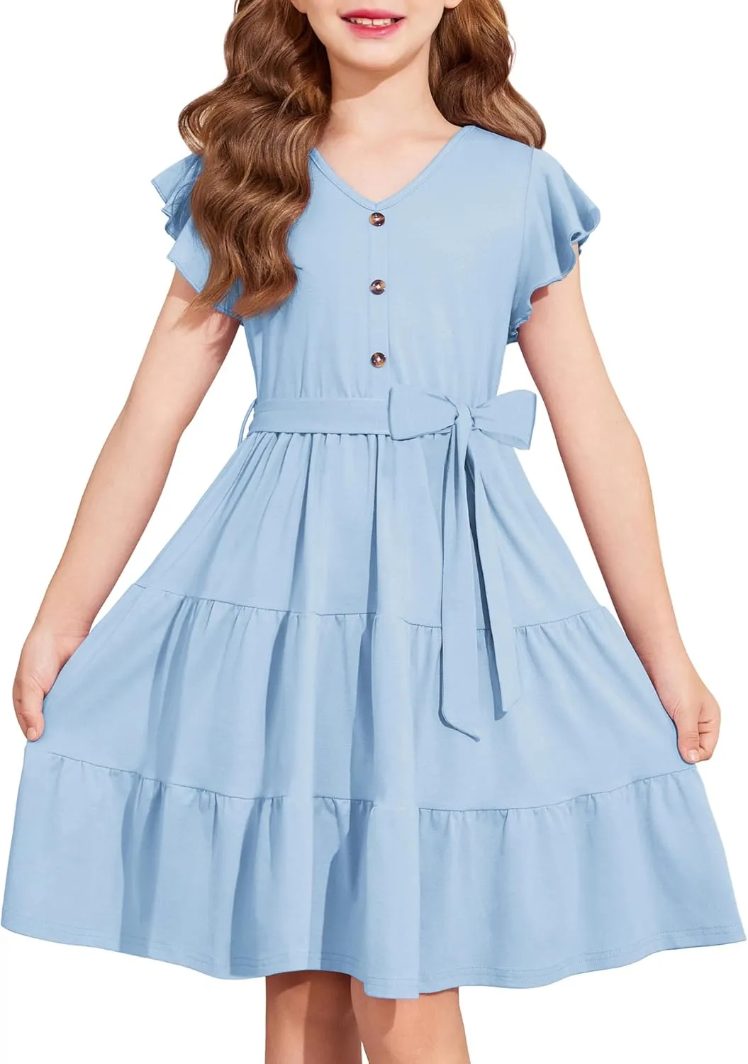 Arshiner Girls Short Sleeve V Neck Button Removable Belt Dresses