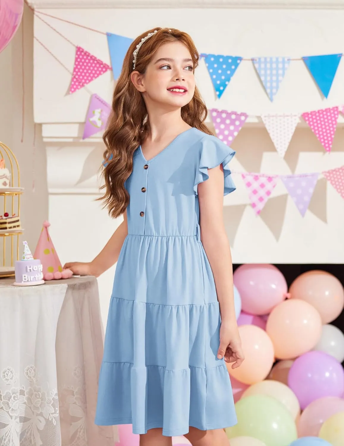 Arshiner Girls Short Sleeve V Neck Button Removable Belt Dresses