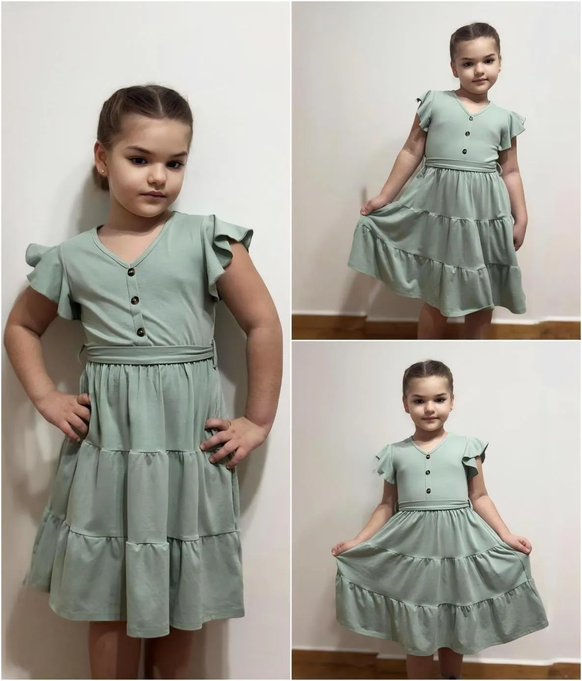 Arshiner Girls Short Sleeve V Neck Button Removable Belt Dresses