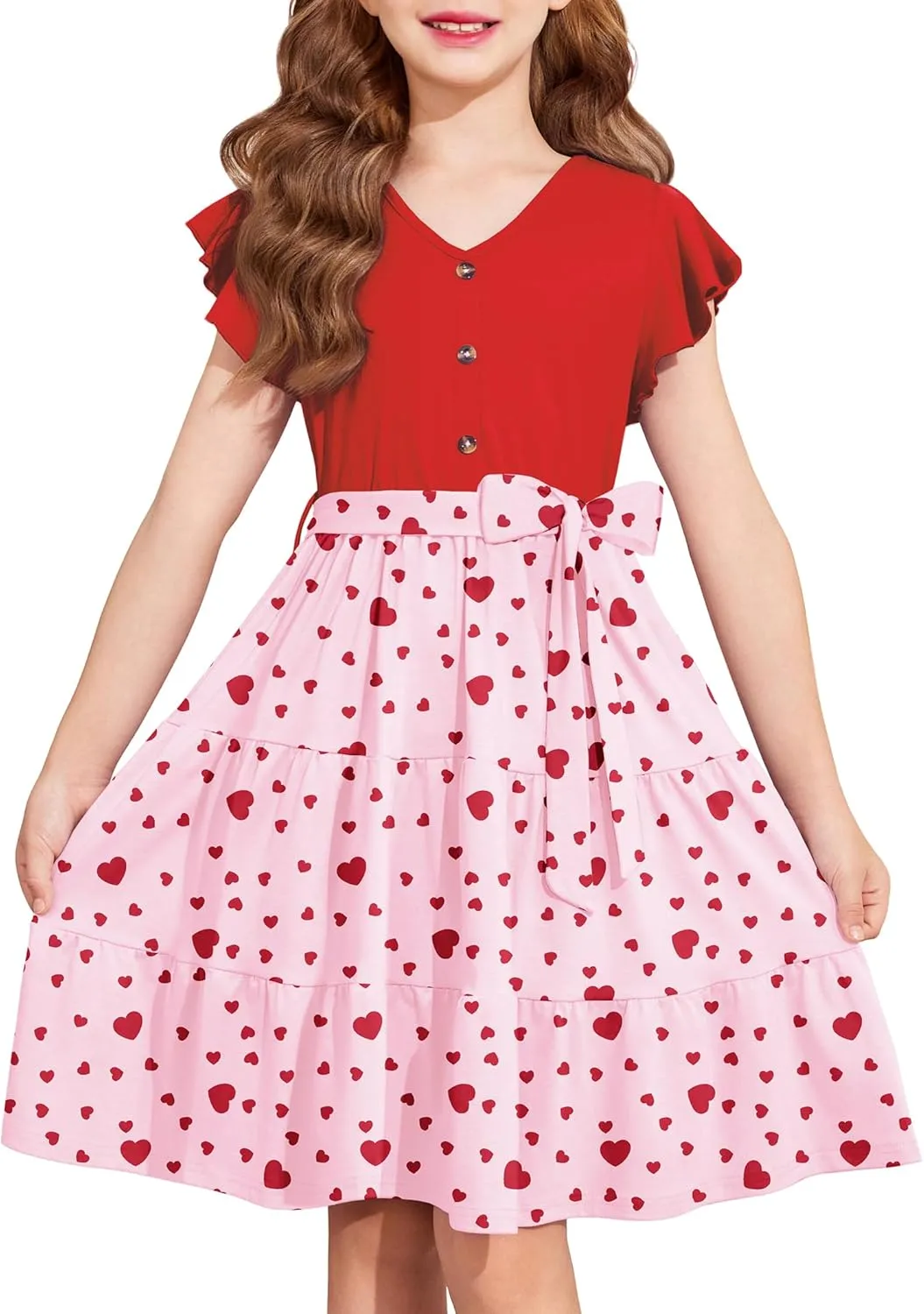 Arshiner Girls Short Sleeve V Neck Button Removable Belt Dresses
