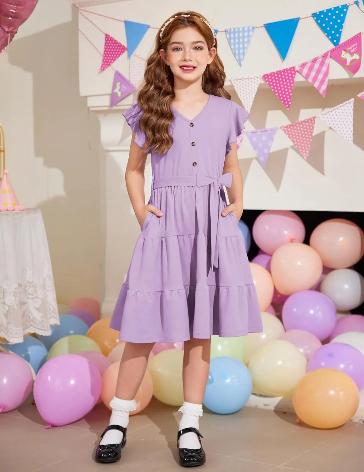 Arshiner Girls Short Sleeve V Neck Button Removable Belt Dresses