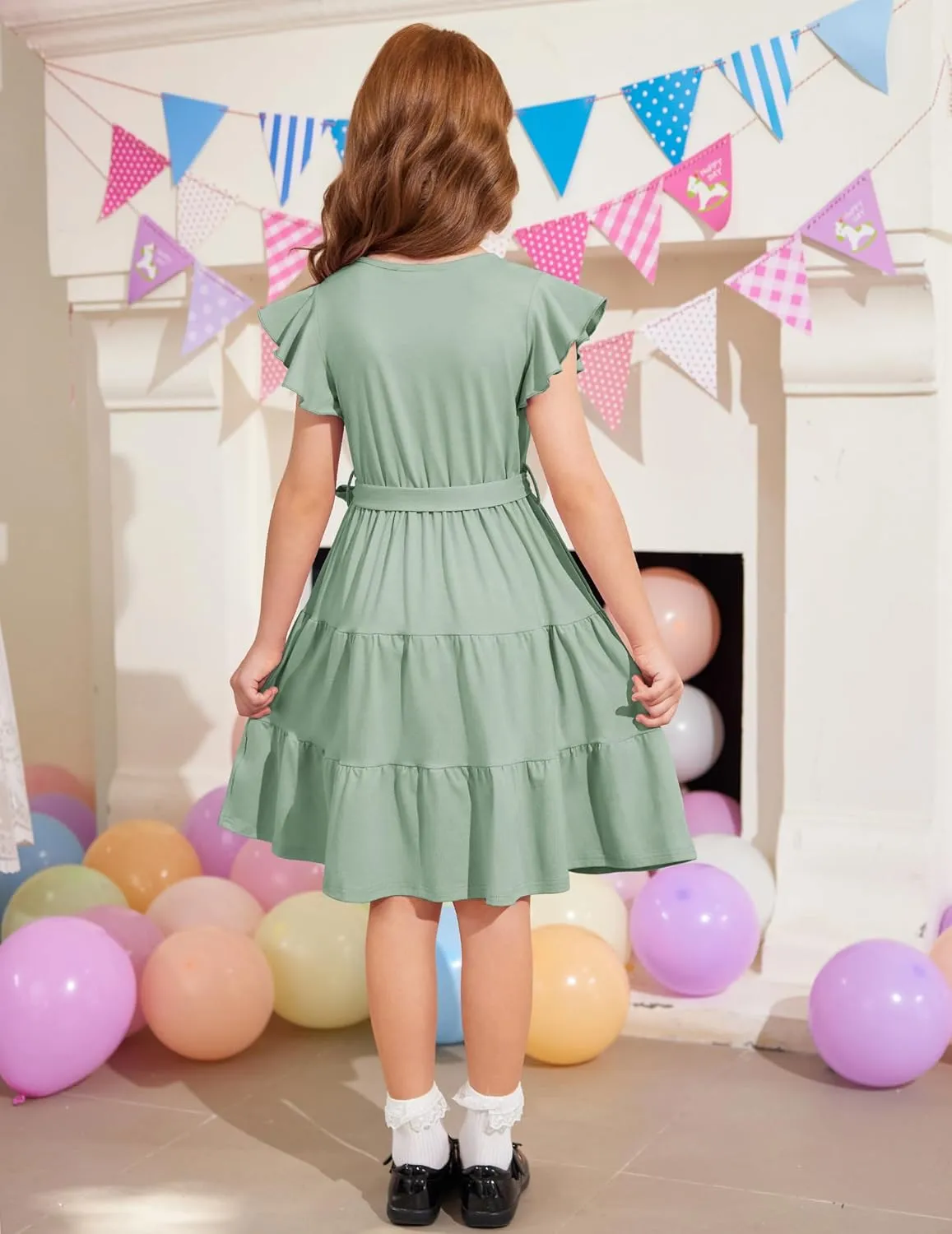Arshiner Girls Short Sleeve V Neck Button Removable Belt Dresses