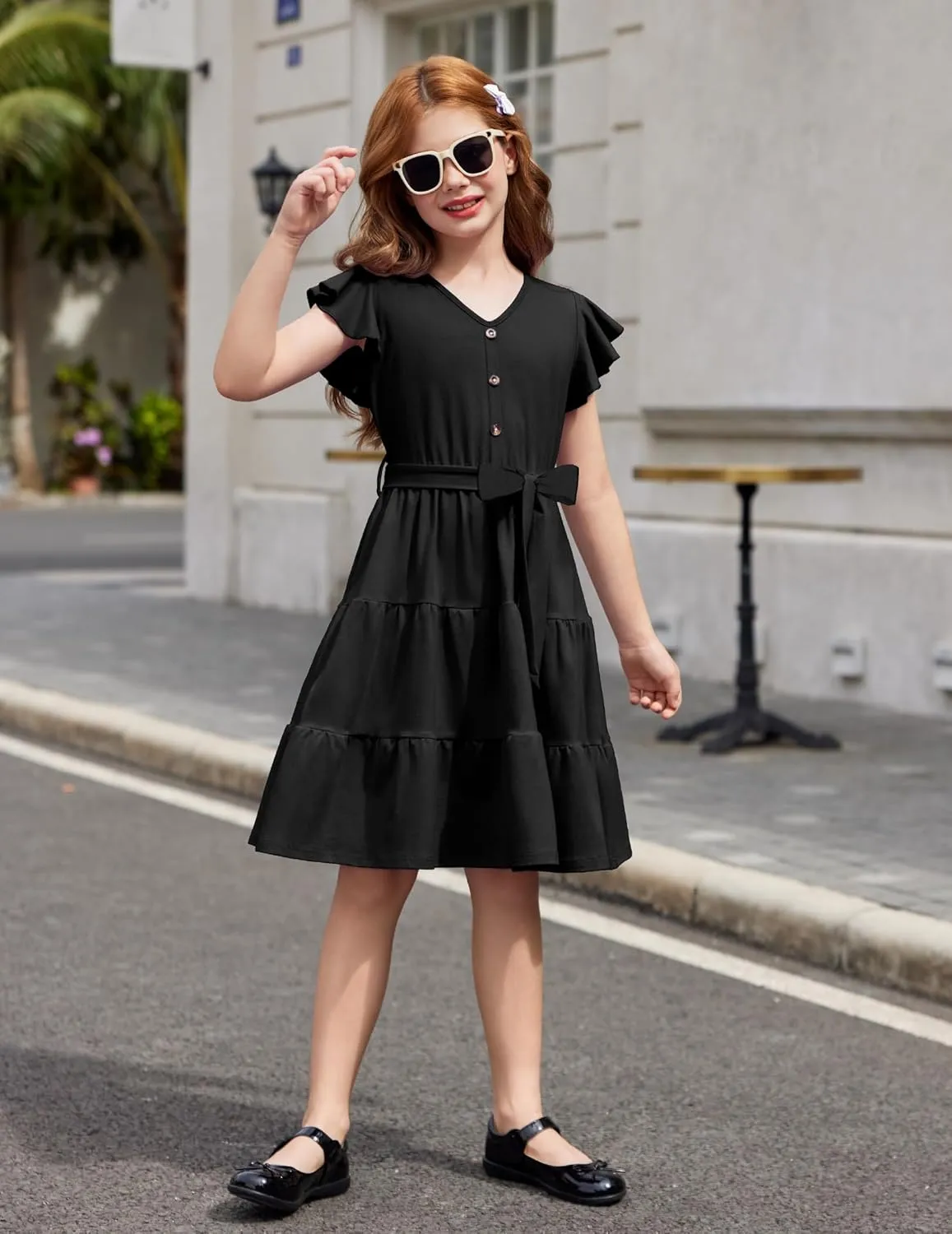 Arshiner Girls Short Sleeve V Neck Button Removable Belt Dresses