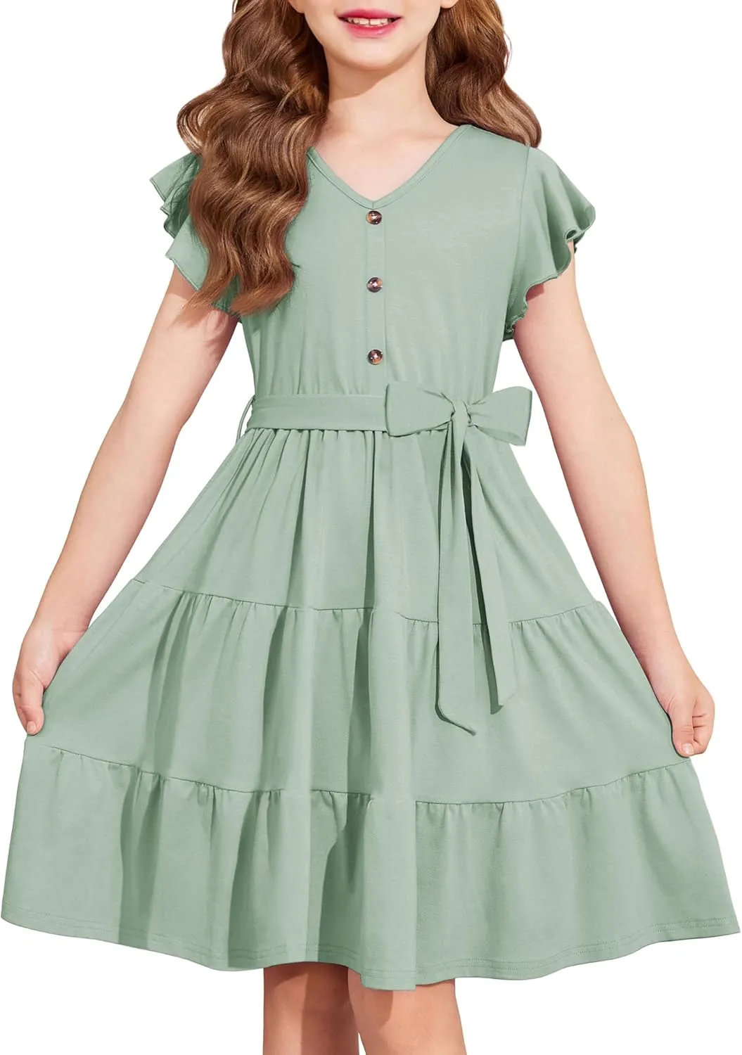 Arshiner Girls Short Sleeve V Neck Button Removable Belt Dresses