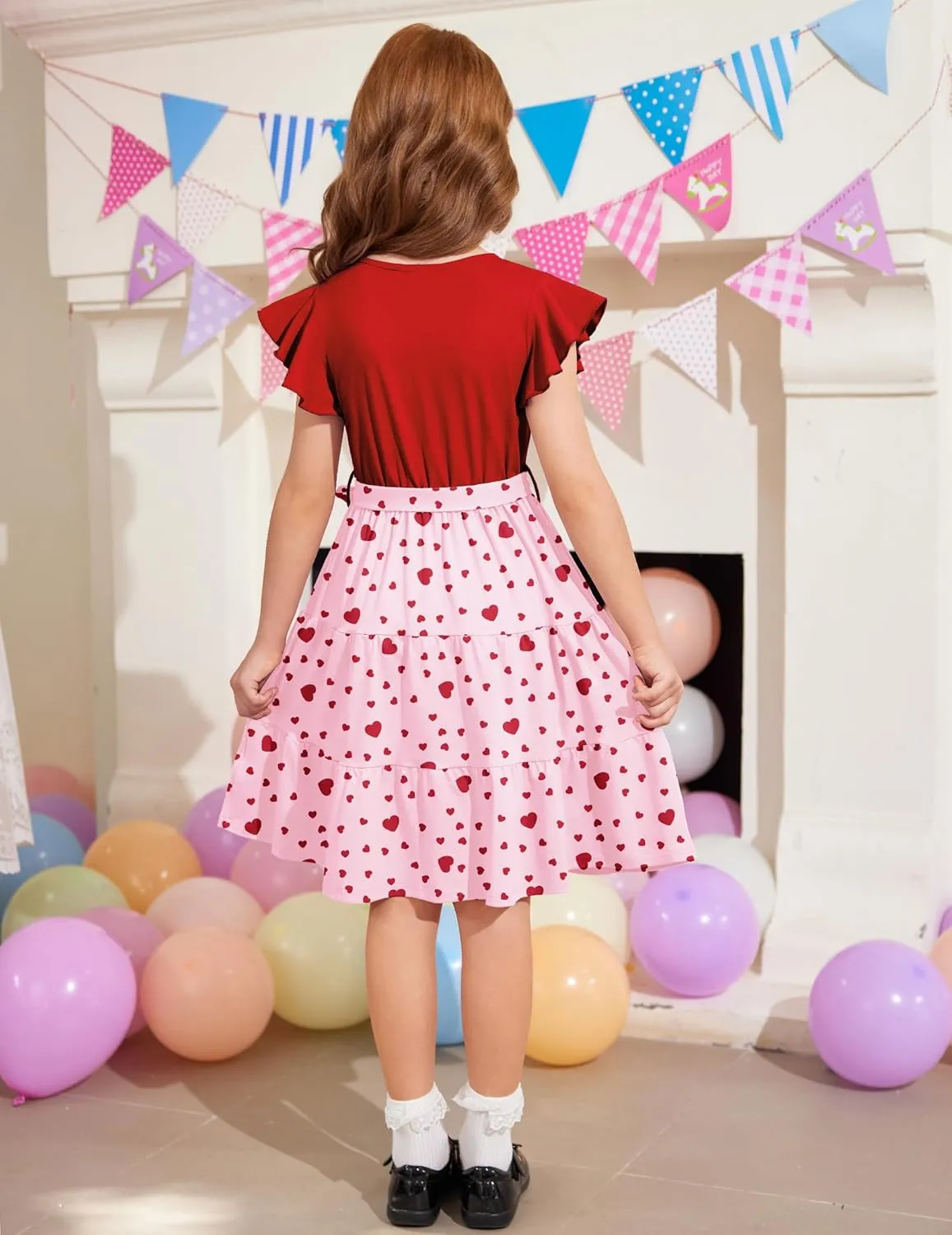Arshiner Girls Short Sleeve V Neck Button Removable Belt Dresses