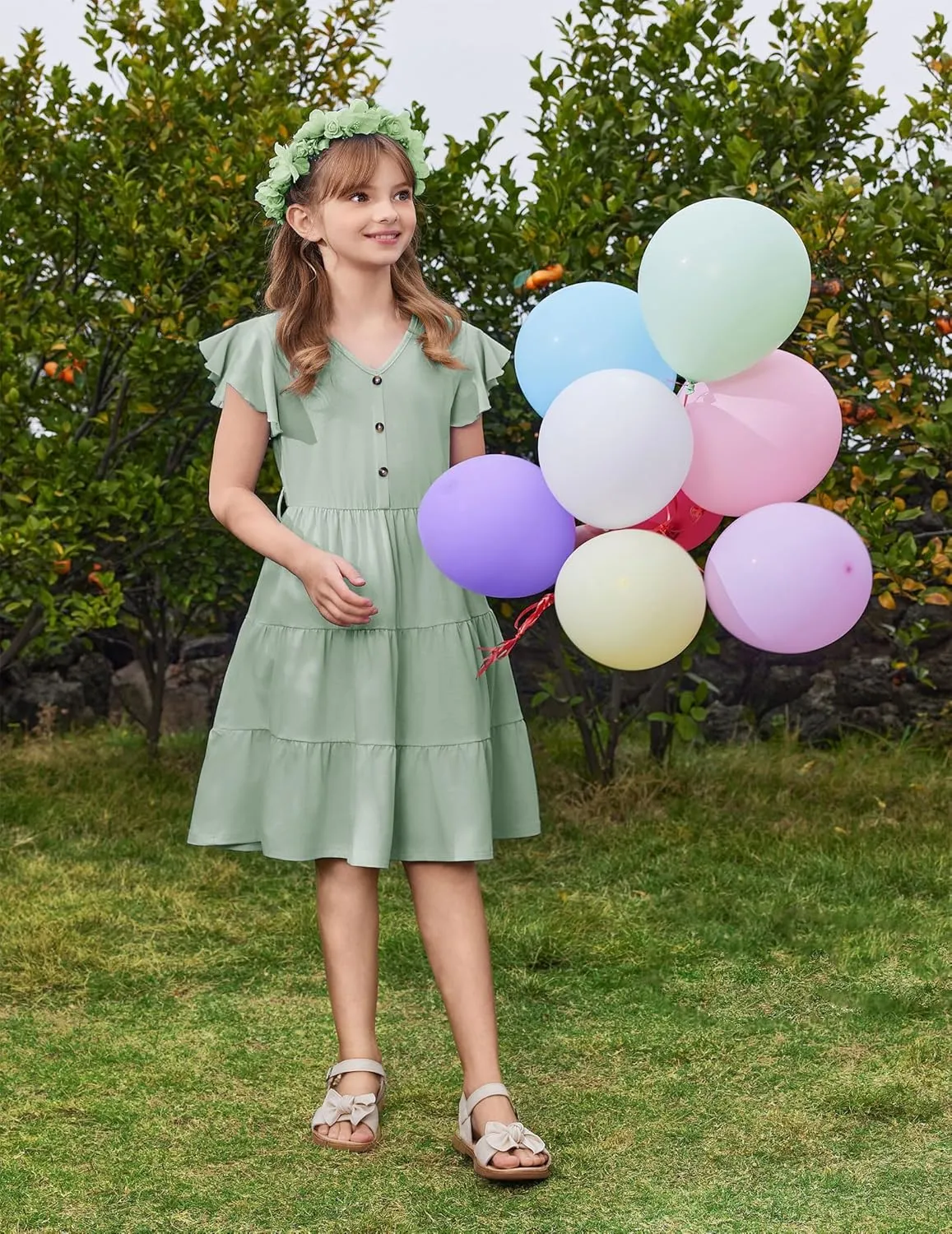 Arshiner Girls Short Sleeve V Neck Button Removable Belt Dresses