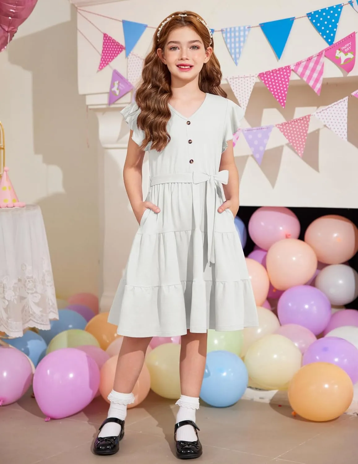 Arshiner Girls Short Sleeve V Neck Button Removable Belt Dresses