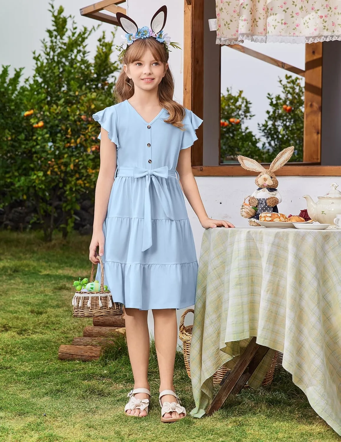 Arshiner Girls Short Sleeve V Neck Button Removable Belt Dresses