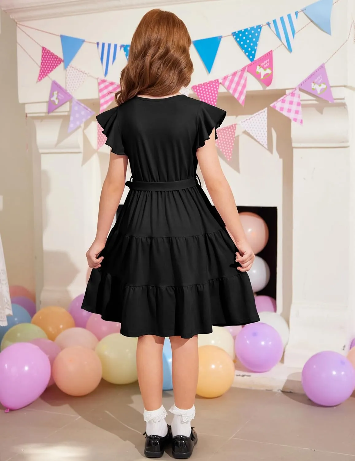 Arshiner Girls Short Sleeve V Neck Button Removable Belt Dresses