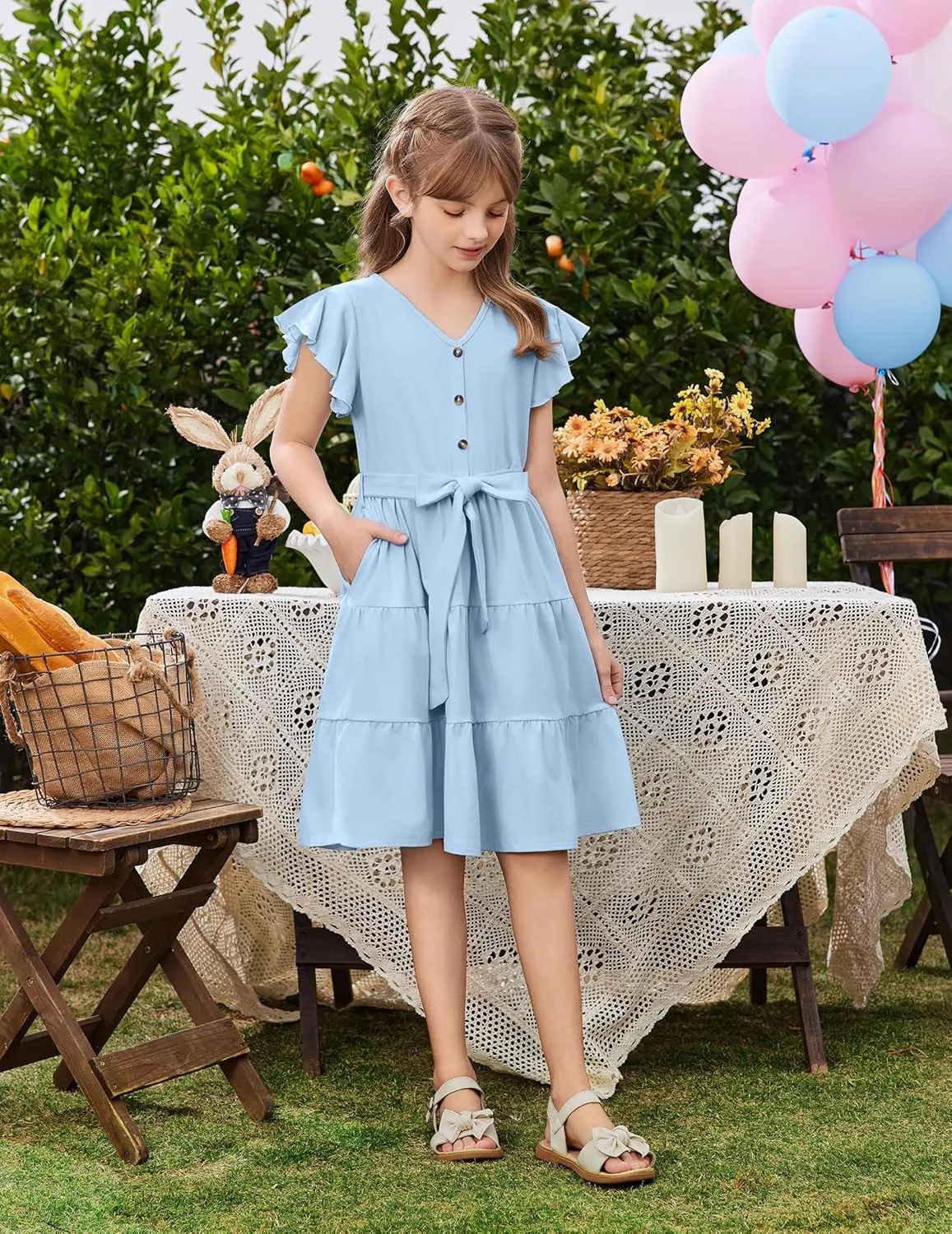 Arshiner Girls Short Sleeve V Neck Button Removable Belt Dresses