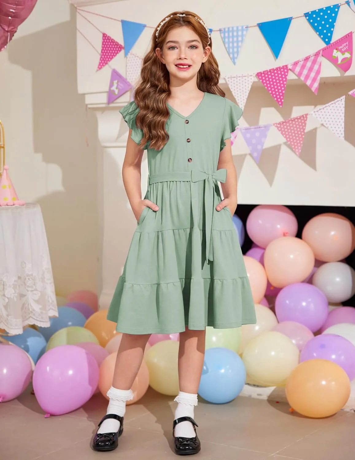 Arshiner Girls Short Sleeve V Neck Button Removable Belt Dresses
