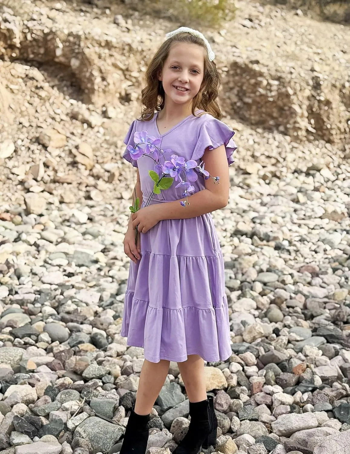 Arshiner Girls Short Sleeve V Neck Button Removable Belt Dresses