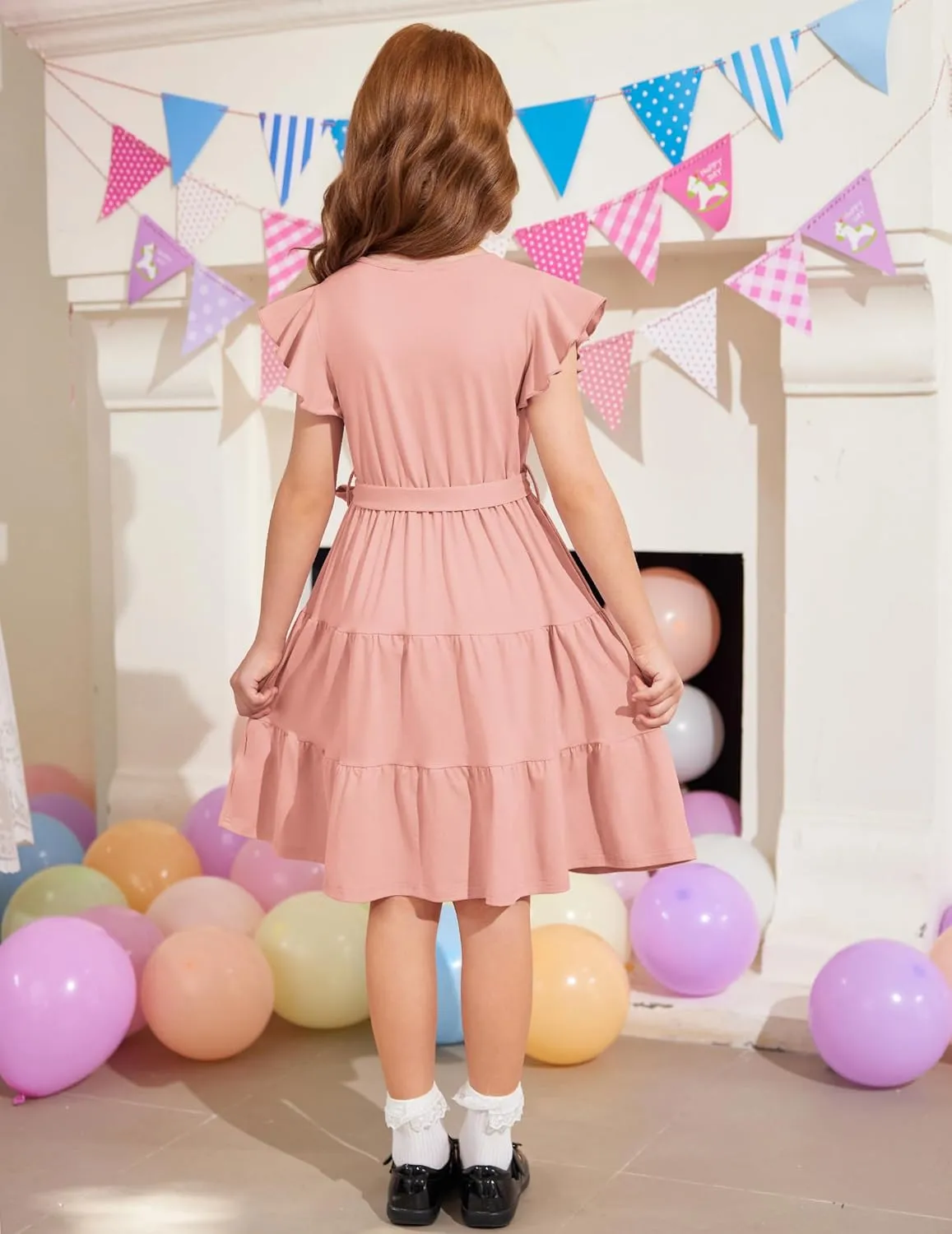 Arshiner Girls Short Sleeve V Neck Button Removable Belt Dresses