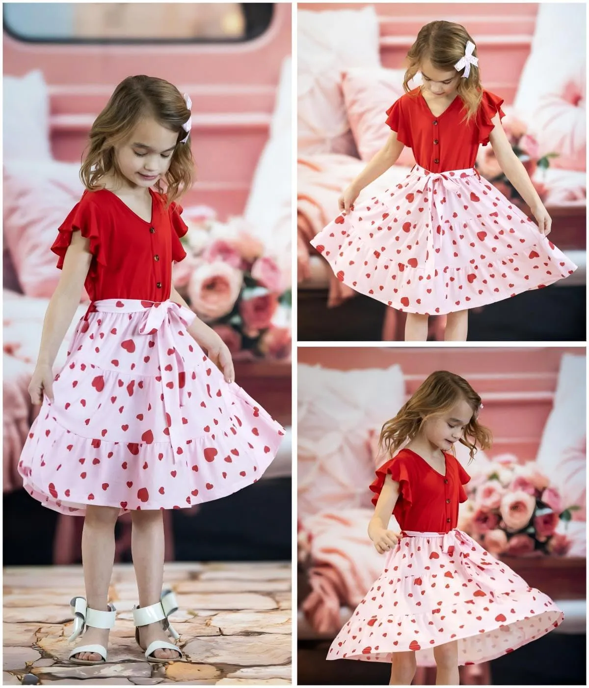 Arshiner Girls Short Sleeve V Neck Button Removable Belt Dresses
