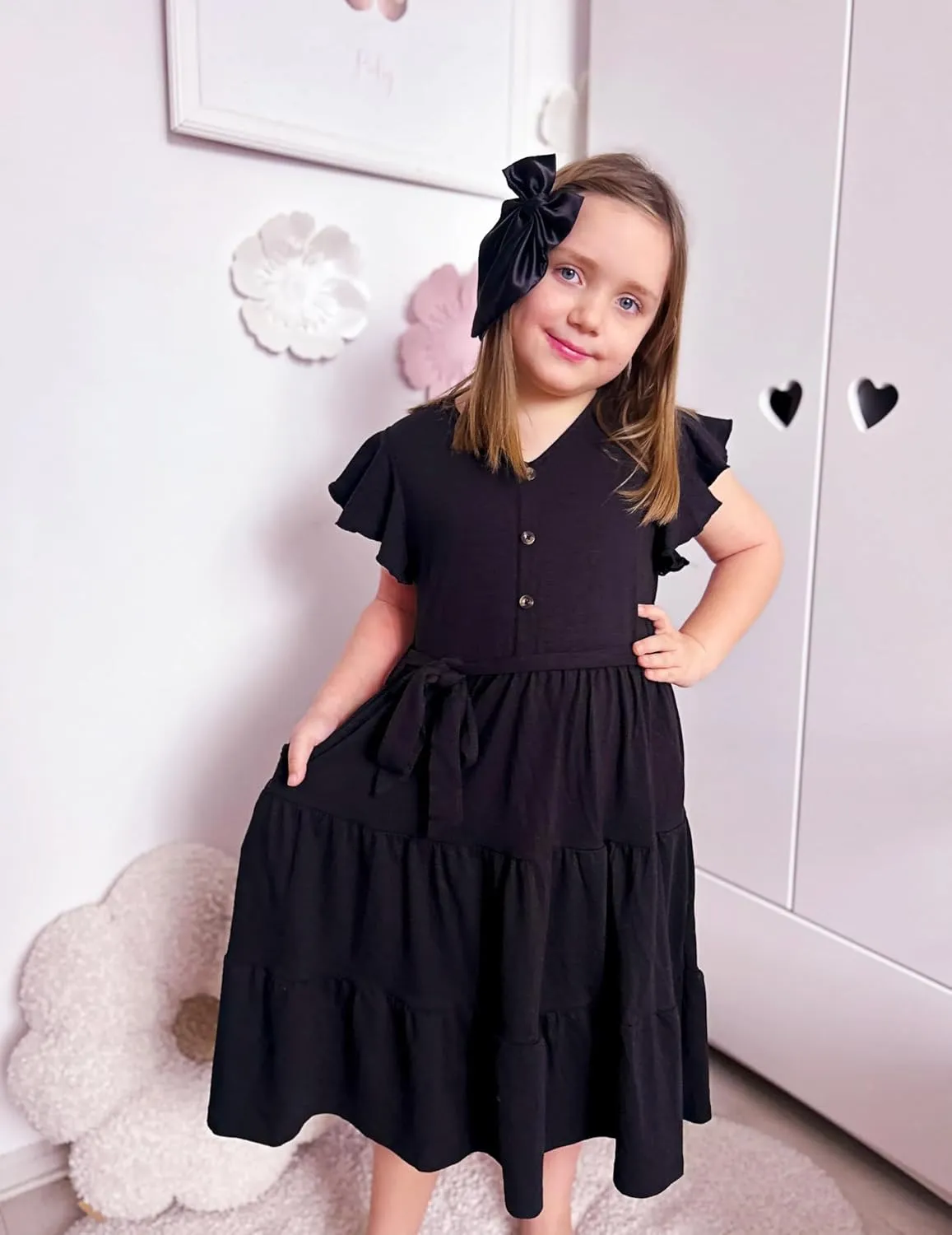 Arshiner Girls Short Sleeve V Neck Button Removable Belt Dresses