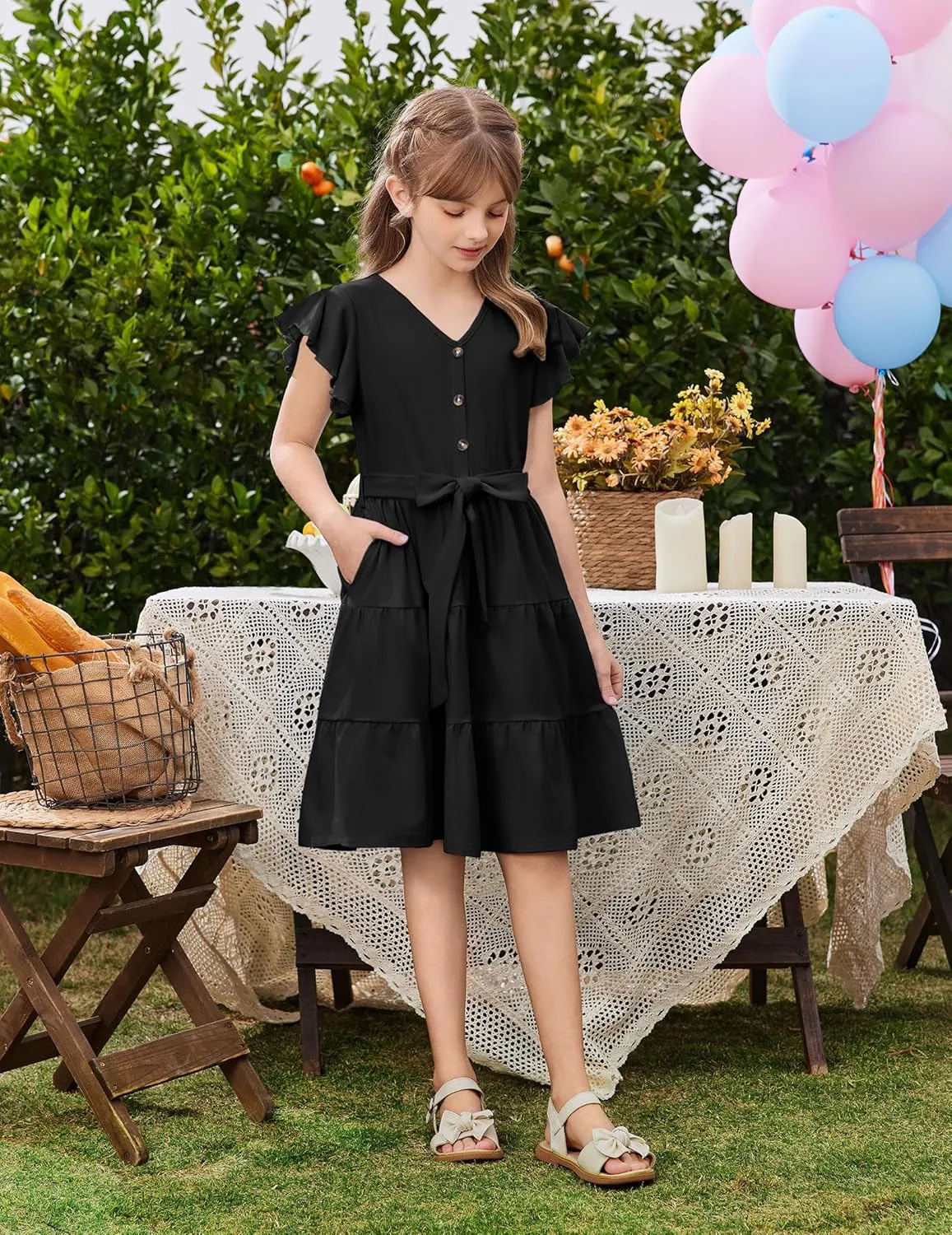 Arshiner Girls Short Sleeve V Neck Button Removable Belt Dresses