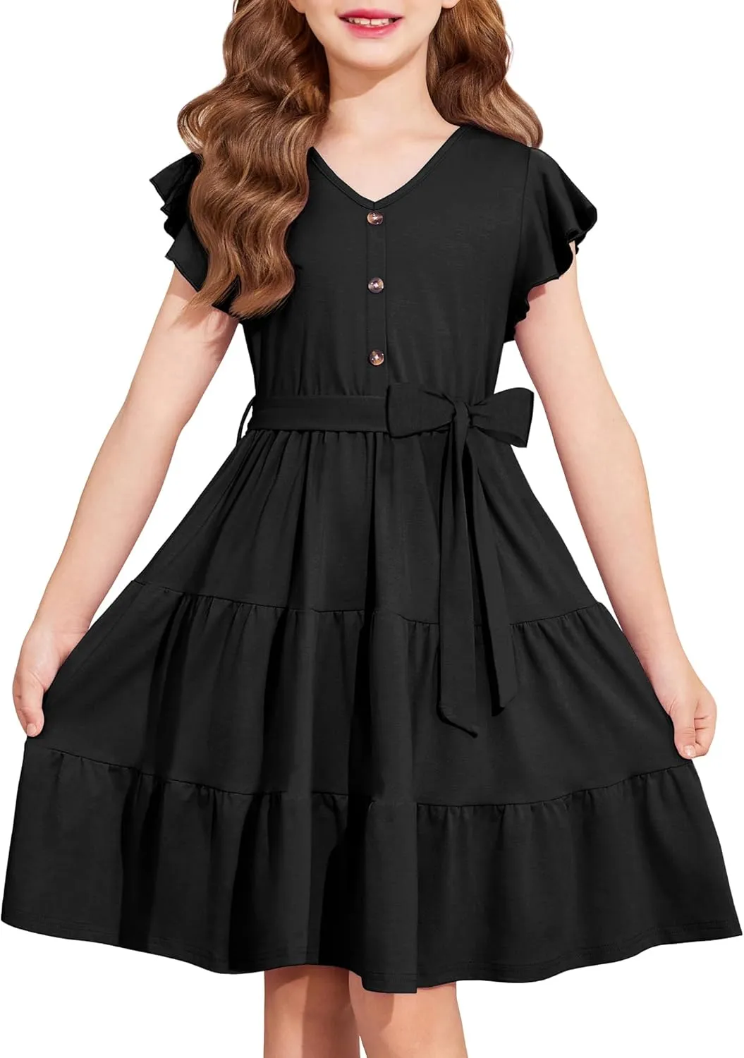 Arshiner Girls Short Sleeve V Neck Button Removable Belt Dresses