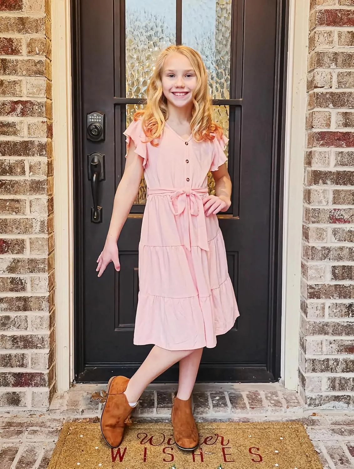 Arshiner Girls Short Sleeve V Neck Button Removable Belt Dresses