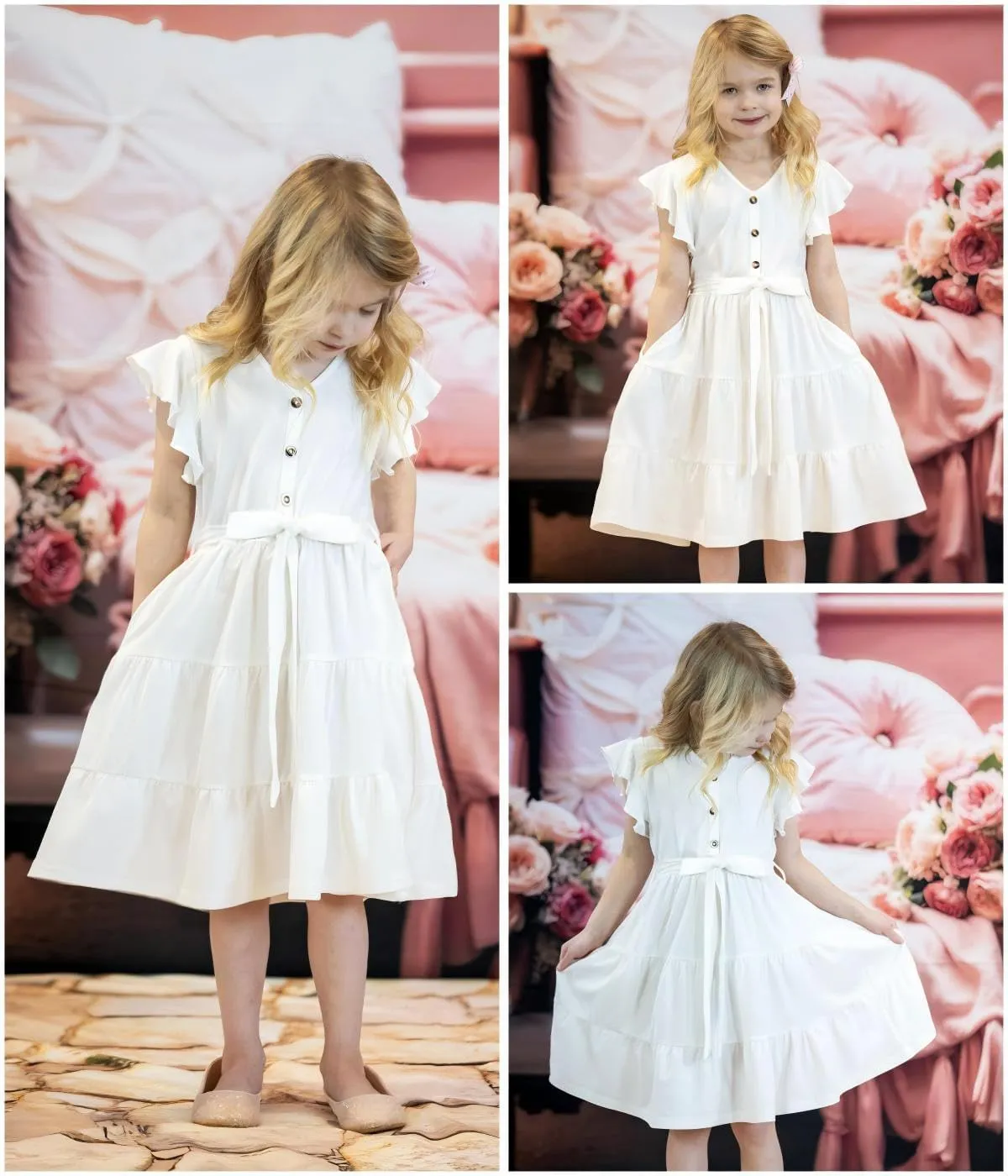 Arshiner Girls Short Sleeve V Neck Button Removable Belt Dresses