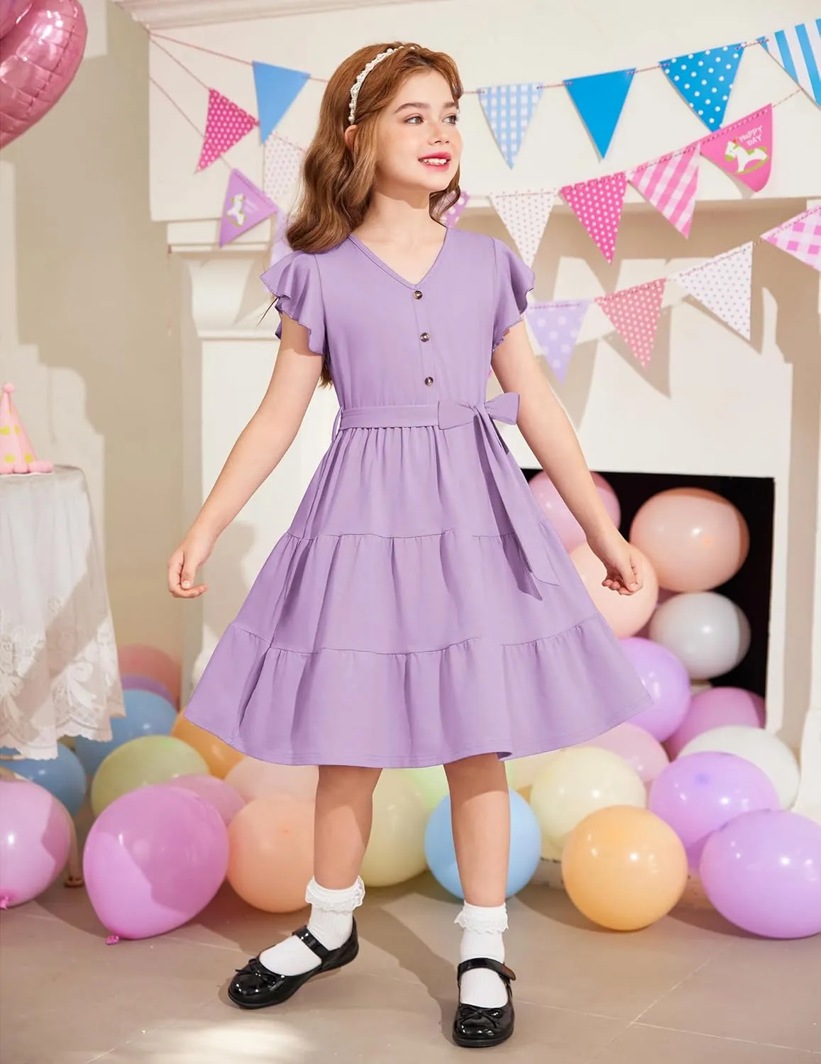 Arshiner Girls Short Sleeve V Neck Button Removable Belt Dresses