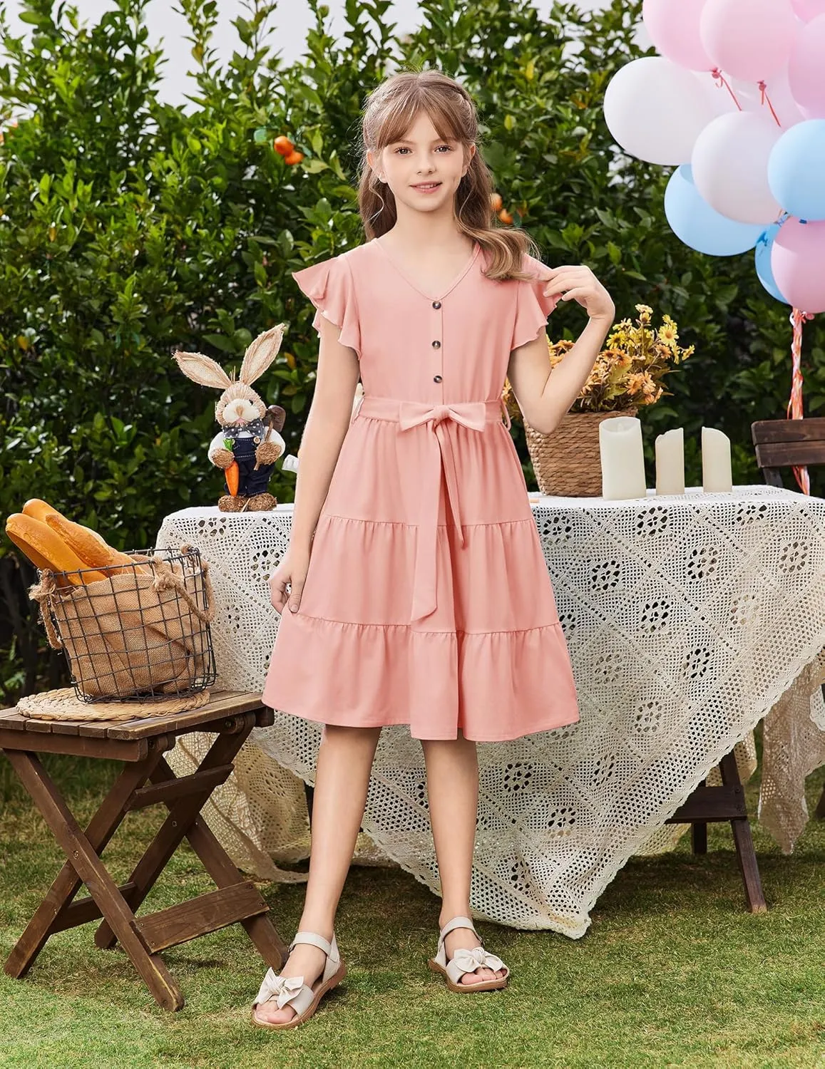 Arshiner Girls Short Sleeve V Neck Button Removable Belt Dresses