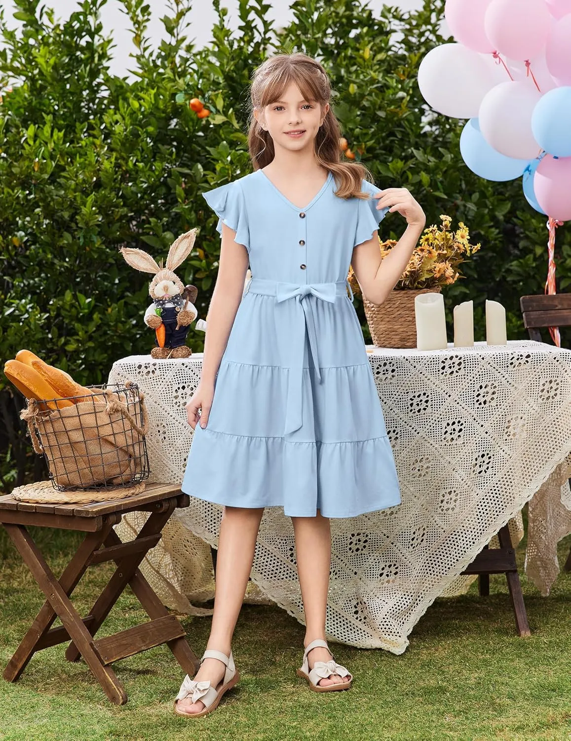 Arshiner Girls Short Sleeve V Neck Button Removable Belt Dresses