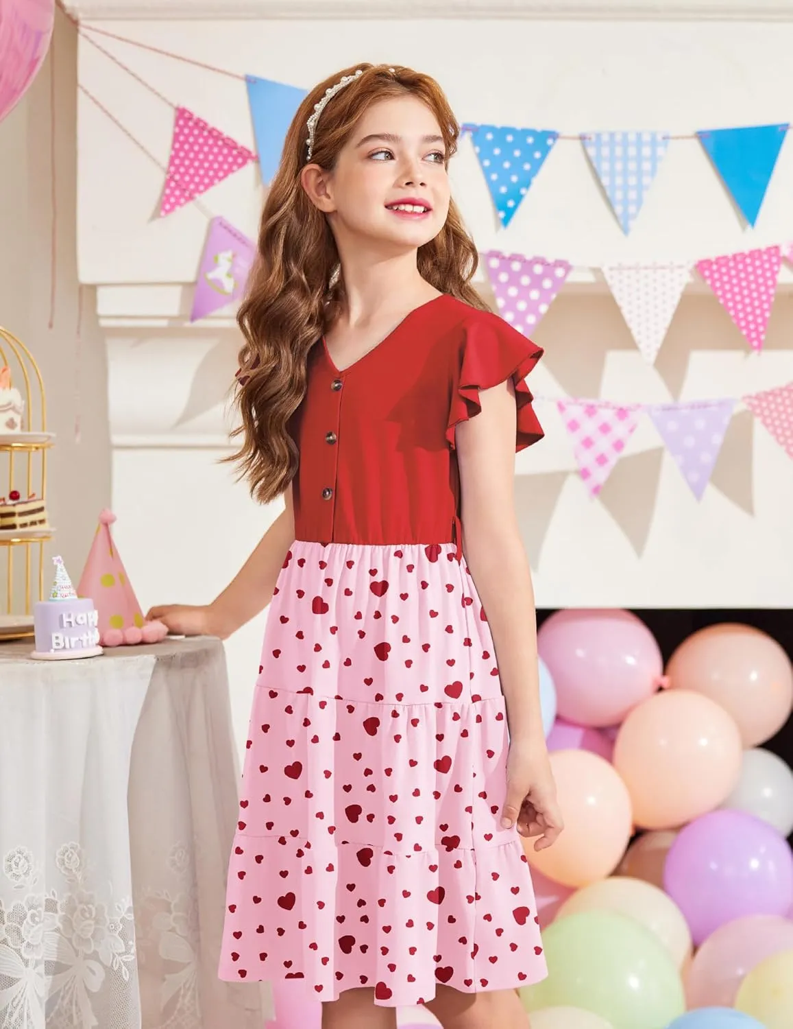 Arshiner Girls Short Sleeve V Neck Button Removable Belt Dresses