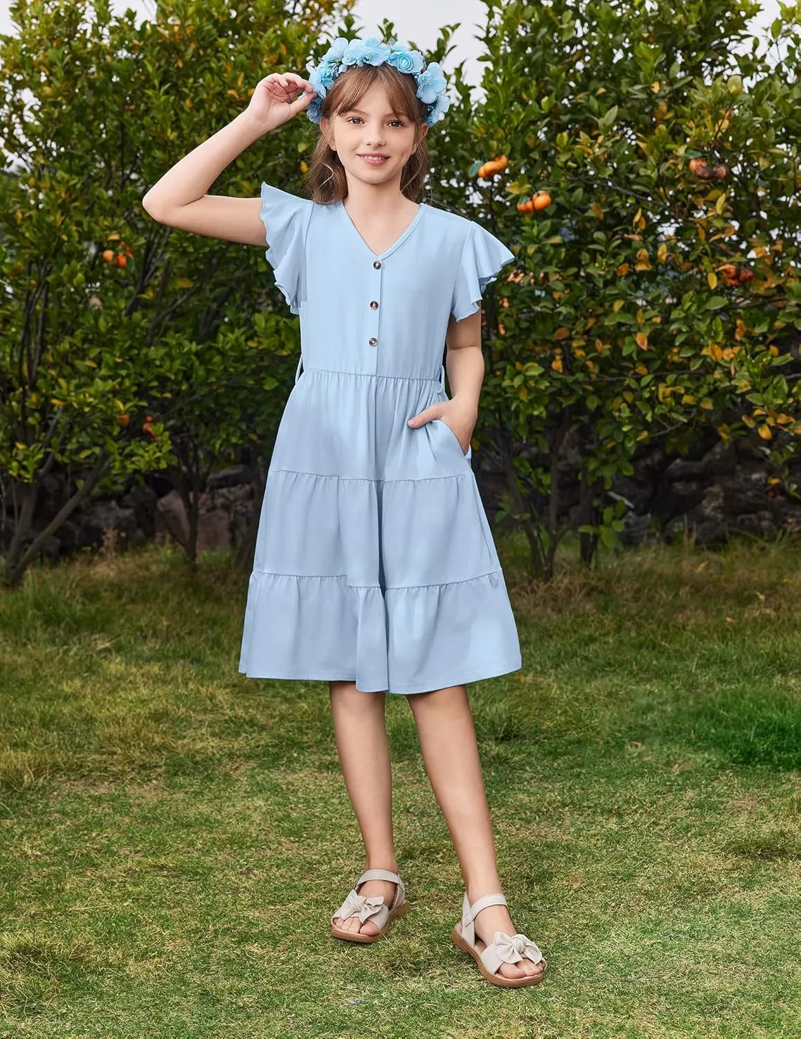 Arshiner Girls Short Sleeve V Neck Button Removable Belt Dresses