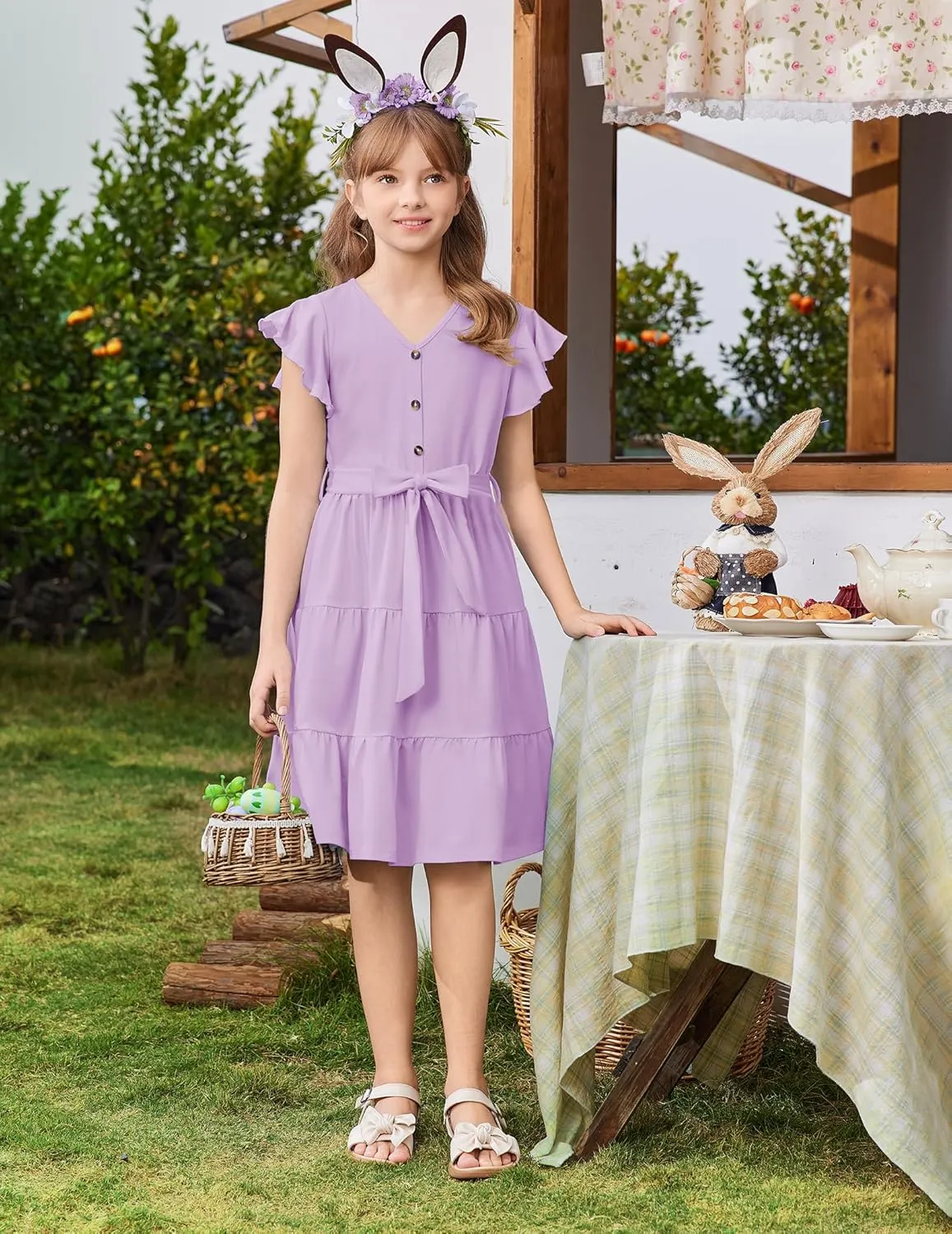 Arshiner Girls Short Sleeve V Neck Button Removable Belt Dresses