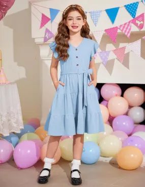 Arshiner Girls Short Sleeve V Neck Button Removable Belt Dresses
