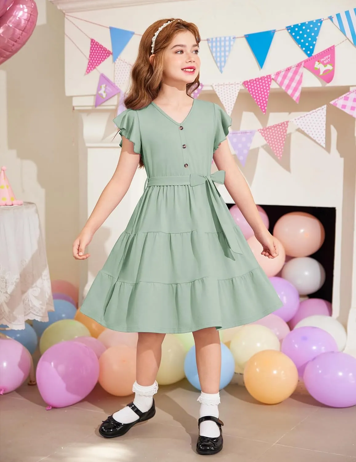 Arshiner Girls Short Sleeve V Neck Button Removable Belt Dresses