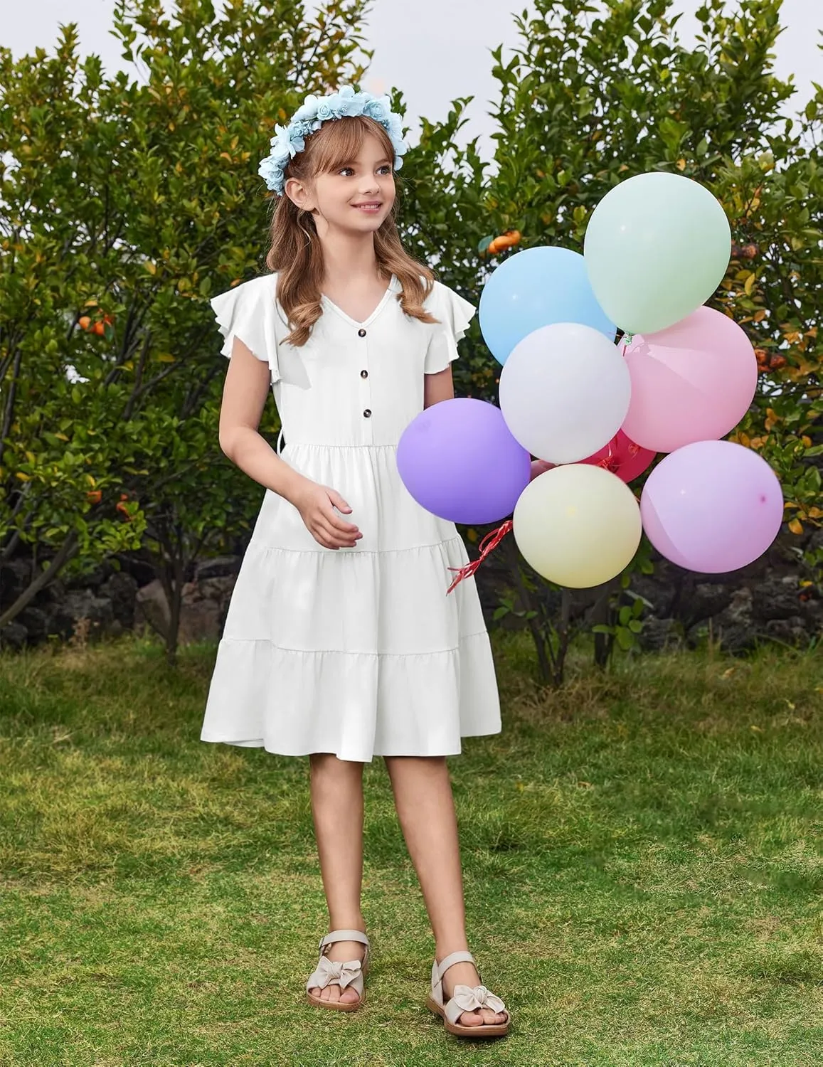 Arshiner Girls Short Sleeve V Neck Button Removable Belt Dresses