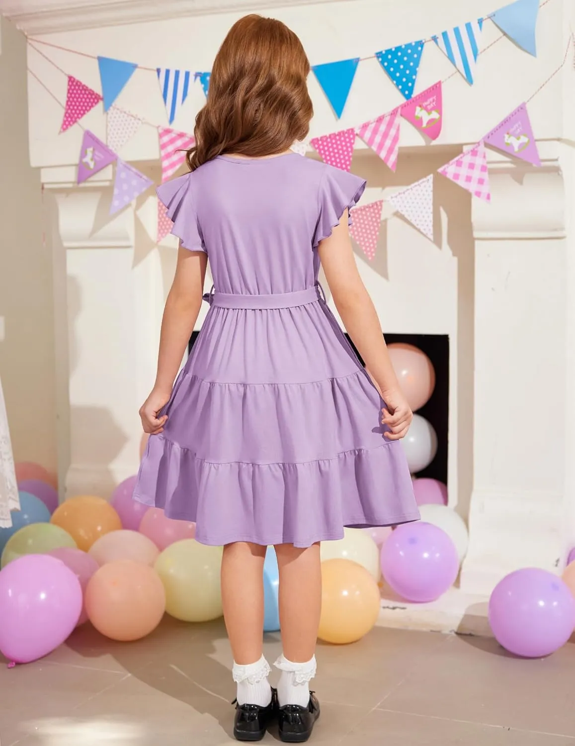 Arshiner Girls Short Sleeve V Neck Button Removable Belt Dresses