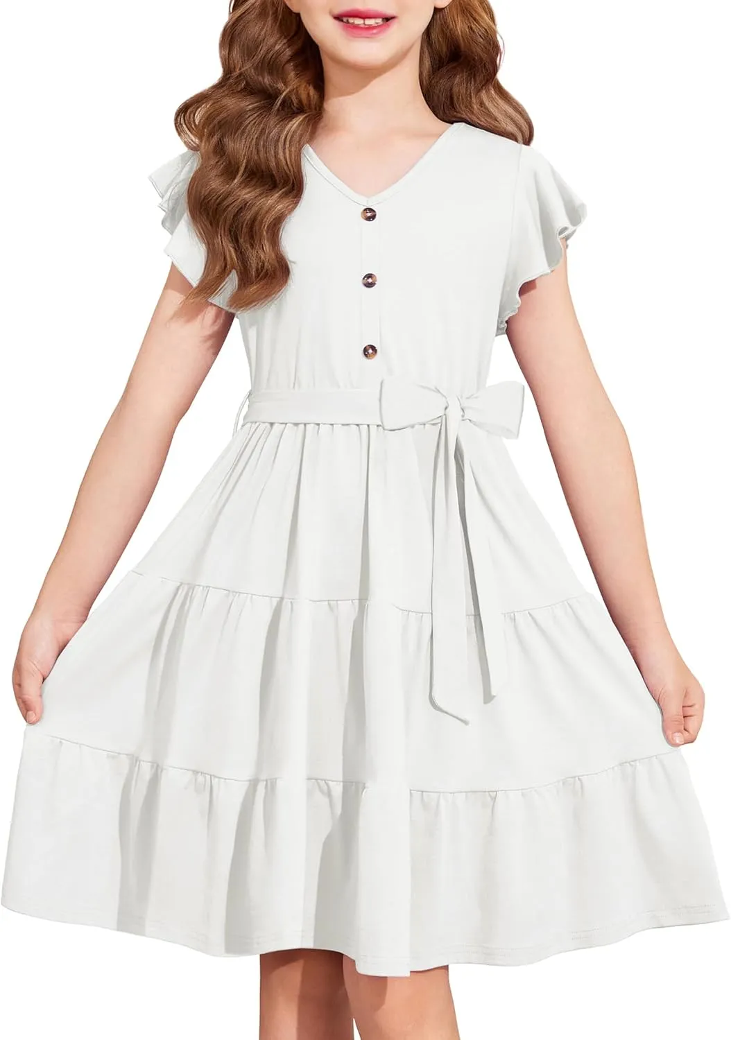 Arshiner Girls Short Sleeve V Neck Button Removable Belt Dresses