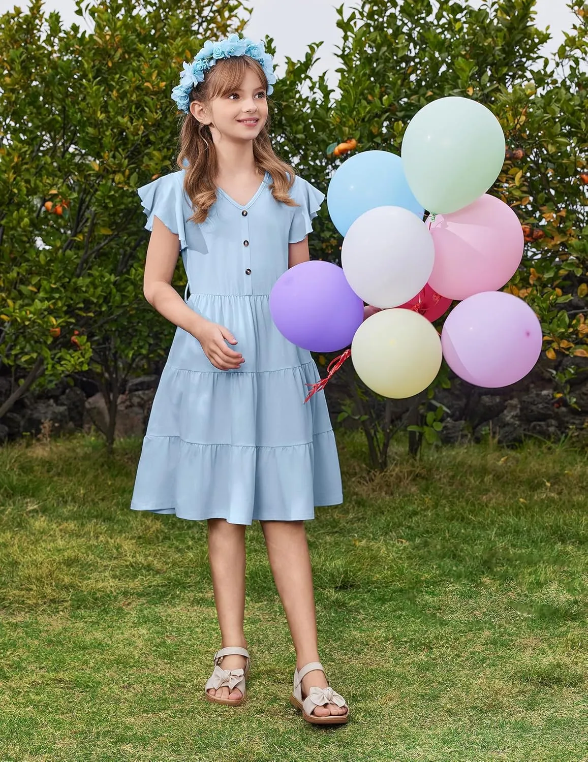 Arshiner Girls Short Sleeve V Neck Button Removable Belt Dresses
