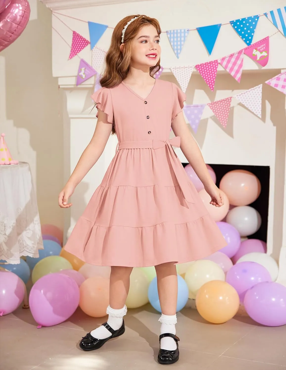 Arshiner Girls Short Sleeve V Neck Button Removable Belt Dresses