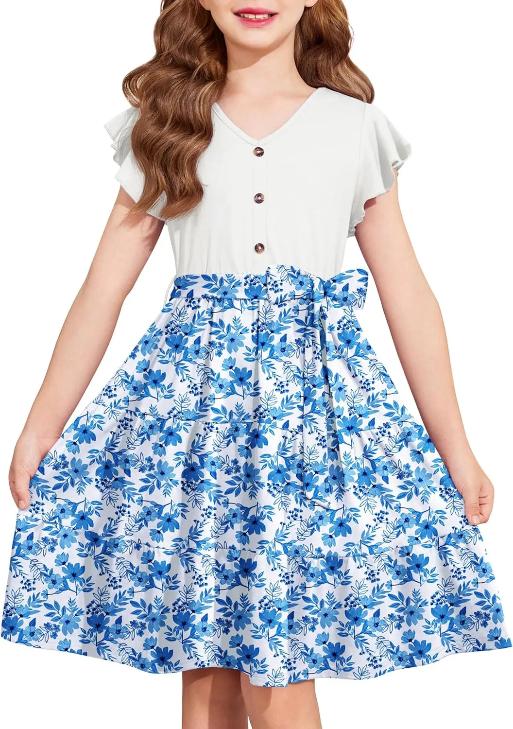 Arshiner Girls Short Sleeve V Neck Button Removable Belt Dresses