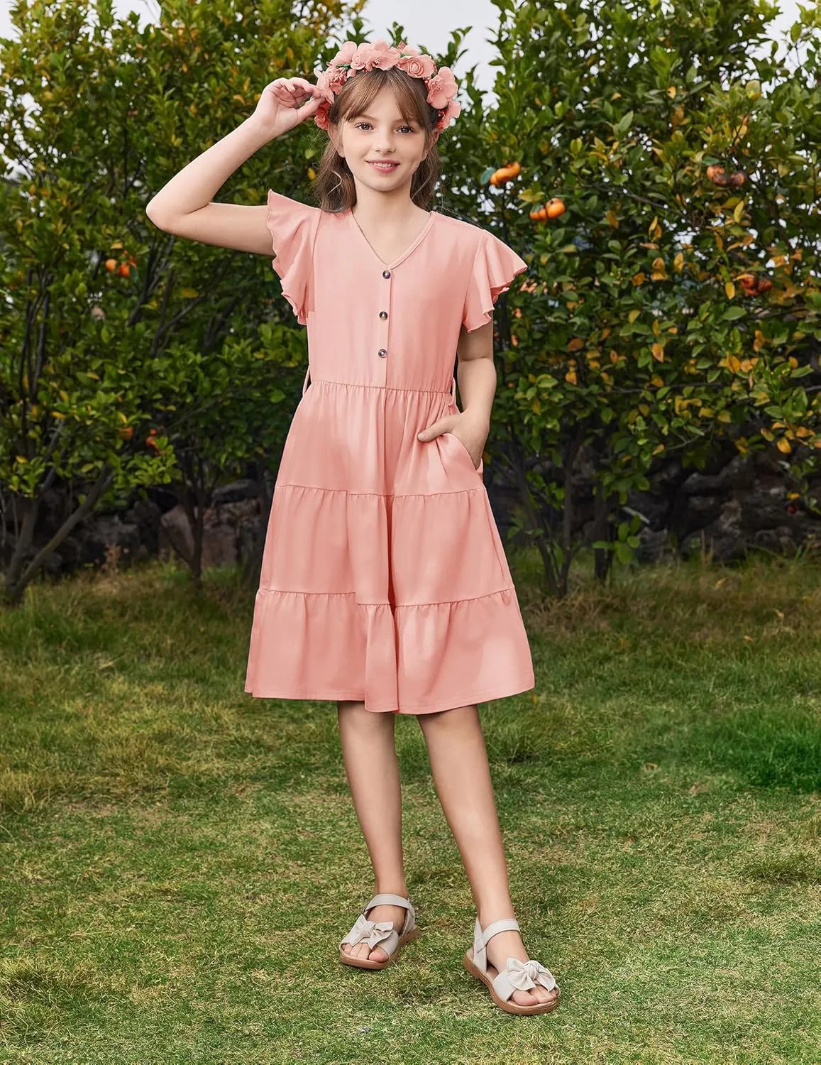 Arshiner Girls Short Sleeve V Neck Button Removable Belt Dresses
