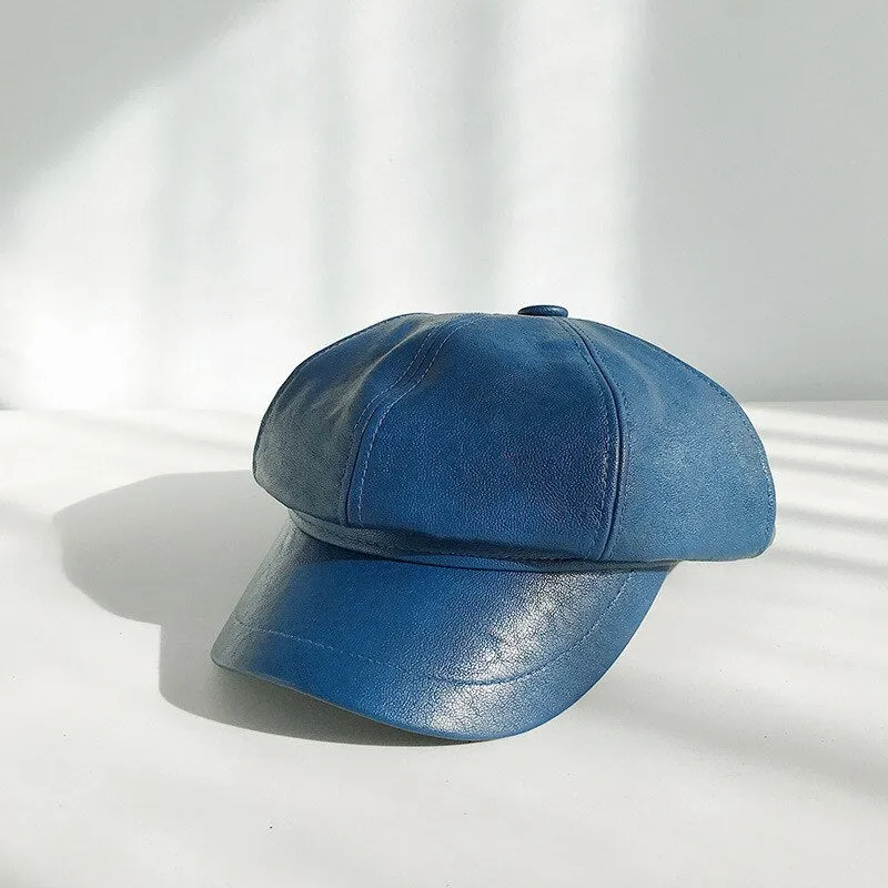 Avocado green Winter Octagonal Cap Women Beret Hats For Girls Newsboy Hats Female British style PU Leather Berets Hat for Street