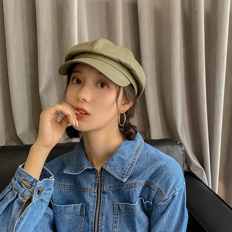 Avocado green Winter Octagonal Cap Women Beret Hats For Girls Newsboy Hats Female British style PU Leather Berets Hat for Street