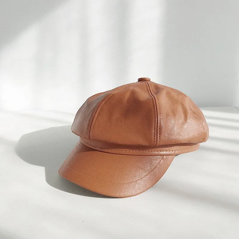Avocado green Winter Octagonal Cap Women Beret Hats For Girls Newsboy Hats Female British style PU Leather Berets Hat for Street