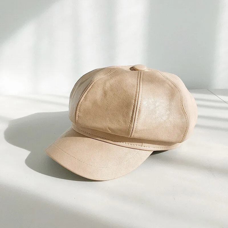 Avocado green Winter Octagonal Cap Women Beret Hats For Girls Newsboy Hats Female British style PU Leather Berets Hat for Street