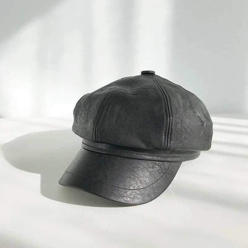 Avocado green Winter Octagonal Cap Women Beret Hats For Girls Newsboy Hats Female British style PU Leather Berets Hat for Street