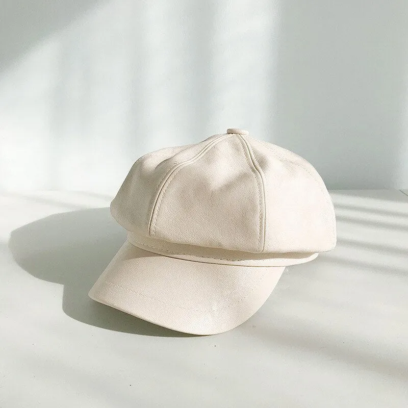 Avocado green Winter Octagonal Cap Women Beret Hats For Girls Newsboy Hats Female British style PU Leather Berets Hat for Street