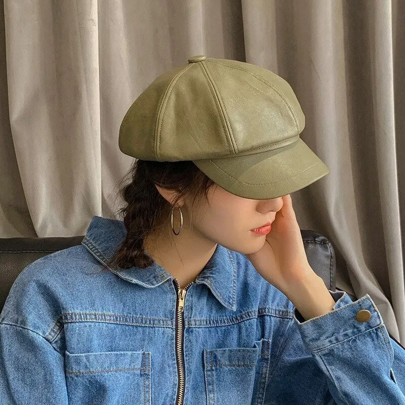Avocado green Winter Octagonal Cap Women Beret Hats For Girls Newsboy Hats Female British style PU Leather Berets Hat for Street